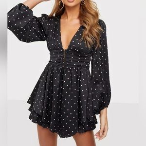 NEW FOR LOVE & LEMONS Carissa Polka Dot Mini Dress Black Balloon Sleeve S